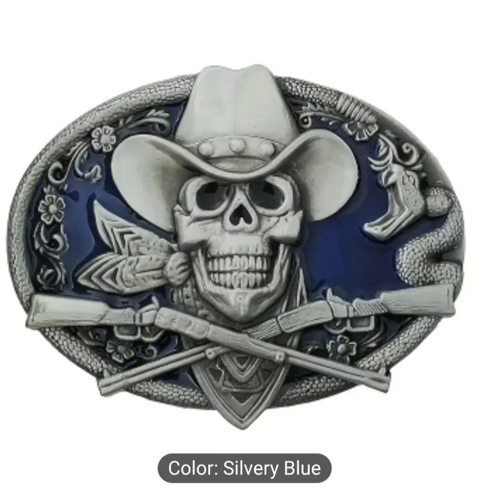 💀🐍 New Silver & Blue Cowboy Skull Belt Buckle – Snake Western Outlaw, T3MISB6C